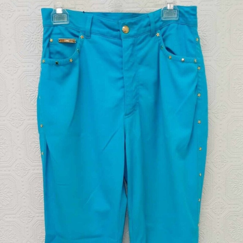 Escada Turquoise Gold Star Studded Sides Jean Style Pants Size 38 Small
